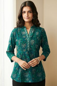 Designer Kurtis – Buy Online Block Printed Kurtis for Women | Farida Gupta Tunics For Women Cotton Tunics For Women, Printed Cotton Shirts Women, Short Kurti Patterns Cotton, New Tunic Design, Tunic Designs For Women, Cotton Printed Kurtis Design, Cotton Tops Designs For Jeans, Cotton Top Design