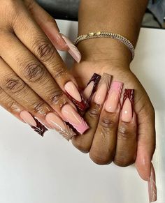 Pink And Maroon Nails, Pink And Brown Nails Acrylic, Brown And Pink Nails, Pink And Brown Nails, Nail Tech Instagram, Vegas Nails, Maroon Nails, Halloween Acrylic Nails, Pink Gel Nails