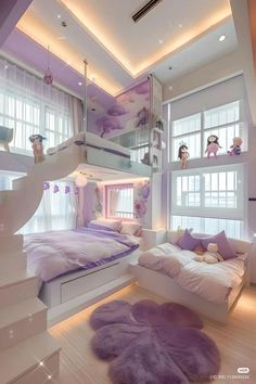 a bedroom with purple and white decor in the ceiling, stairs to the second floor