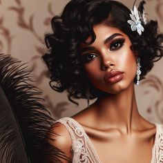 1920s Makeup Inspiration, Roaring 20s Curly Hairstyles, Great Gatsby Makeup And Hair Black Women, 1920 Curls, 1920s Short Hair, Flapper Girl Hair, Old Hollywood Glamour Black Women