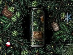 a can of lahe is surrounded by christmas decorations