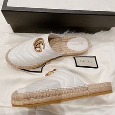 Brand New Gucci Leather Espadrilles Comes With Dust Bags And Box Gucci White Round Toe Espadrilles, White Gucci Espadrilles For Spring, White Casual Gucci Espadrilles, Gucci Leather Beach Espadrilles, Gucci Leather Espadrilles For Beach, Luxury Beach Espadrilles, Designer White Espadrilles With Woven Sole, Designer Gucci Espadrilles For The Beach, Luxury White Espadrilles For Spring