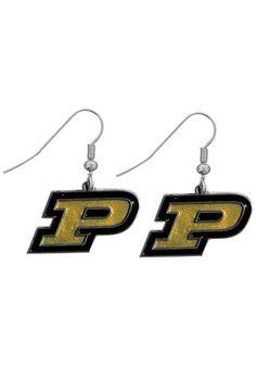 the purdue logo earrings are shown in black and gold, with an image of the football team's letter p on it