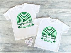 Little ones can celebrate St Patricks Day this year with a beautifully personalised t shirt.  Our t-shirts are perfect way to document the special day and to keep as a beautiful keepsake.  This design features fun and brightly green rainbow illustration with wording reading, Happy and Lucky.  Your little ones name is also featured in the design in a handwritten font.  All our t-shirts are 100% soft touch cotton, which is perfect for children's delicate skin. All of our items are personalised to your specification, simply tell us what personalisation you would like, and we will make a truly unique item that is special in every way.  **SIZING** All our items start at age 0-3 months up to age 10, but larger sizes can be obtained if needed, so please don't hesitate to ask.  Please use the sizi Saint Patricks Kids, Rainbow Illustration, St Patricks Day Gift, Green Rainbow, St. Patricks Day, St Patrick's Day Gifts, Reading Words, Spelling And Grammar, Handwritten Font