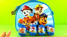 the paw patrol backpack is next to some toy items on a green surface with a hand holding it