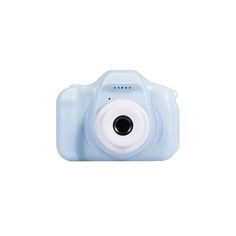 a blue camera on a white background with a small lens in the front and bottom