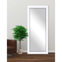 a mirror sitting on top of a wooden floor next to a potted green plant