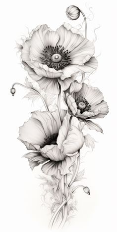 an ink drawing of three flowers on a white background