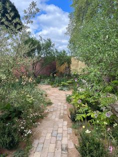 a brick path in the middle of a garden