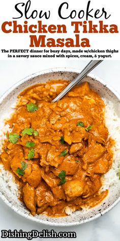 slow cooker chicken tikka masala in a bowl with rice and cilantro