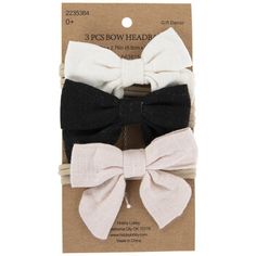 Complement your little one's outfit with these White, Black & Pink Bow Headbands! These fabric bows come in white, black, and pink, and each has a soft beige elastic headband. Get your baby ready for photos and family gatherings with these stylish headbands! Details: 	 Band Thickness: 0.25" 	 Size: One Size Fits Most 	 Color: White, Black & Pink 	 Quantity: 3 Adjustable Cream Hair Accessories With Bow, Adjustable White Hair Accessories With Bow Tie, Adjustable White Bow Tie Headband, Adjustable Pink Bow Tie, Cute Adjustable Headband With Bow Tie, Baby Ready, Bow Headbands, Stylish Headbands, Elastic Headband