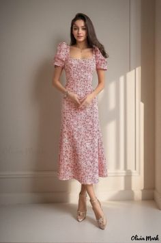 Olivia Mark - Floral Print Short-Sleeve Dress with Waist Cinching Long-skirt Design Irregular Skirt, Waist Circumference, Floral Print Shorts, U Neck, Skirt Design, Cinched Waist, Types Of Skirts, Olivia Mark, Types Of Collars