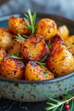 Roasted potatoes with rosemary in a blue speckled bowl. Roasted Potatoes Aesthetic, Christmas Dinner Air Fryer, Toasted Potatoes In Air Fryer, Air Fried Baby Potatoes, Roast Potatoes Air Fryer, Airfryer Potato’s, Food Cravings Vegetarian, Best Air Fryer Meals, Air Fry Baby Potatoes