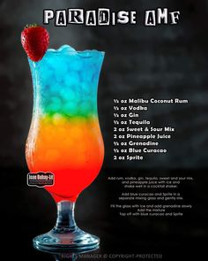 a colorful drink with strawberries on top and text describing the ingredients for paradise am