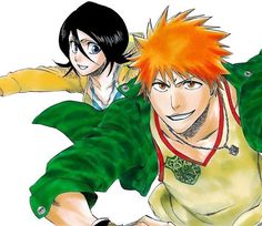 two anime characters one with orange hair and the other with black hair, both wearing green