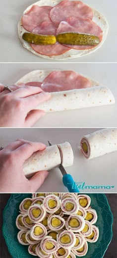 the process for making an appetizer is shown in three different stages, including roll up