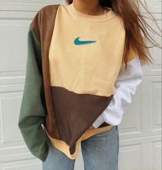 earth toned nike colorblock rework Colorful Hoodie Outfit, Diy Color Block Sweatshirt, Reworked Nike Hoodie, Upcycling Clothes Aesthetic, Color Block Clothes, Sweatshirt Rework, Hoodie Patchwork, Sweatshirt Upcycle, Reworked Sweatshirts