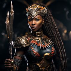 a woman dressed as an egyptian warrior holding two swords in one hand and looking at the camera