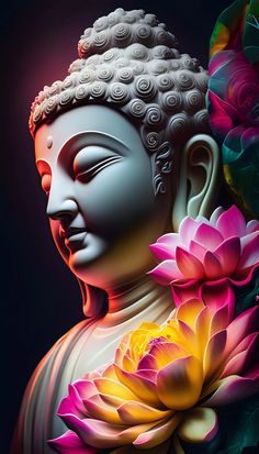 a buddha statue with flowers around it's neck and head in front of the image