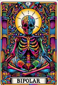 a colorful tarot card with a skeleton on it