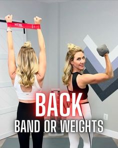 two women doing exercises with dumbbells and barbell curls in the gym, text reads back band or weights