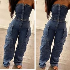 Denim Button Closure Strapless Cargo Jumpsuit Multiple Pockets Wide Leg Shein Woman Outfits, Customized Dickie Suit Women, Cargo Jumpsuit Outfit Black Women, Denim Romper Outfit Ideas, Jean 2 Piece Set, Tube Top Jumpsuit Outfit, Fitted Cargo Jeans With Pockets In Denim Blue, Fitted Denim Blue Pants With Button Closure, Fitted Medium Wash Pants With Button Closure