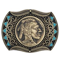 Wind and Spirit Belt Buckle Capture the feeling of the Southwest with this Wind and Spirit Attitude Buckle. The feature of the buckle is a large rendition of a classic Buffalo nickel on the front and back of the buckle. The coin is surrounded by gold-toned beading, filigree, and feathers on both the top and bottom edge. Blue paint on both of the outer sides have a Southwestern pattern and draw the eye. The buckle is antiqued to add additional character. Includes a standard 1.5 inch belt swivel. Vintage Gold Jewelry For Rodeo, Vintage Adjustable Belt Buckles For Rodeo, Gold Concho Belt Buckles For Rodeo, Gold Concho Belt Buckles For Western-themed Events, Vintage Adjustable Belt Buckles For Western-themed Events, Adjustable Engraved Gold Belt Buckles, Collectible Antique Gold Belt Buckles, Collectible Gold Antique Belt Buckles, Classic Gold Belt Buckles With Buckle Closure