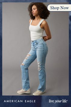 Next Level Stretch/Our softest, stretchiest, never-loses-its-shape denim/Won't bag out. Ever./Light wash/Ripped Everyday Light Wash Stretch Flare Jeans, Curvy Jeans, Ripped Jean, Next Level, Bootcut Jeans, Women's Jeans, American Eagle Outfitters, American Eagle, Women Jeans