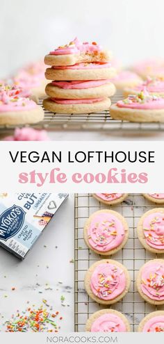 vegan lollipopo style cookies with pink frosting and sprinkles