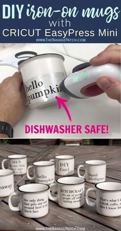 coffee mugs with the words diy iron - on mugs written across them