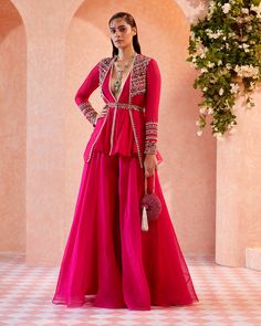 Sharara And Jacket, Georgette Jacket, Organza Overlay, Ridhi Mehra, Embellished Belt