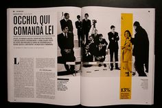 an open magazine with pictures of people in suits and ties on the page, which reads occhilo qui commandale