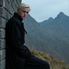 a man with blonde hair leaning against a brick wall in front of mountains and hills