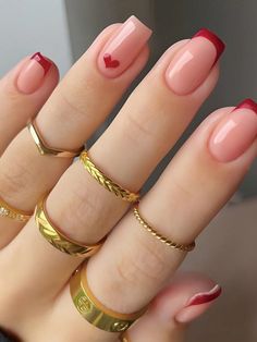 Red  Collar   Geometric,Plants Color Nails Embellished   Nail,Hand & Foot Care Best Manicure For Short Nails, Nail Ideas Red Design, Short Square Red Nail Designs, Short Red Tip Nails, Red French Manicure Nails, Nail Court, French Manicure Designs For Short Nails, French Manicure Couleur, Red Nails Ideas Short