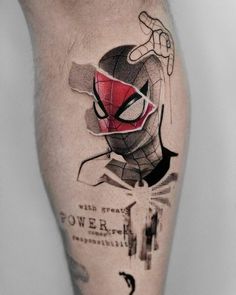 a man's leg with a spider - man tattoo on it and the words power up