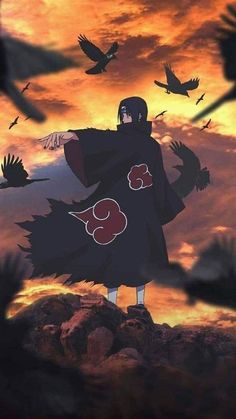 an anime character standing on top of a hill with birds flying above him and the sun setting