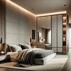 a bedroom with a large bed sitting next to a walk in closet