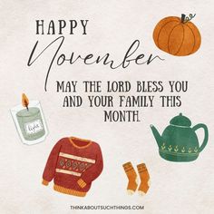 a card with an image of sweaters, teapot and socks on it that says happy november