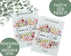 two cards with flowers on them and the words, wildflower or sunflower seeds