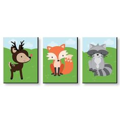 three pictures of animals in different colors on a green field with trees and clouds behind them