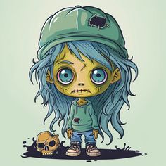 a drawing of a girl with blue hair and a green hat next to a skull