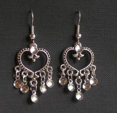 Eydis - Antique Silver Plated Heart Traditional Norwegian Solje Style Earrings Silver Heart Beads Metal Earrings, Silver Dangle Heart Beads Jewelry, Silver Metal Earrings With Heart Beads, Silver Heart Beads Dangle Jewelry, Silver Dangle Jewelry With Heart Beads, Silver Double Heart Bead Earrings, Silver Double Heart Earrings With Heart Beads, Nickel-free Silver Heart Earrings, Silver Heart Beads Teardrop Jewelry