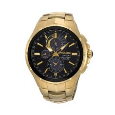 With its state-of-the-art perpetual calendar, chronograph timekeeping and glowing gold-tone finish, this men's Seiko Coutura solar watch defines timeless style. FEATURES Perpetual calendar: adjusts day & date for odd & even months including February of leap years up to 2100 Chronograph: measures 1/5-second increments up to 60 minutes with split time function Power reserve: 6 months Power reserve indicator Alarm DISPLAY Dial color: black Luminescence: LumiBrite hands & hour markers Fa Seiko Coutura, Seiko Gold, Seiko Solar, Solar Watch, Seiko Men, Gold Watches, Swiss Army Watches, Perpetual Calendar, Seiko Watches