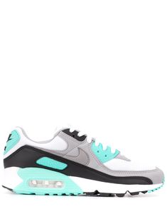 Grey, white and back Air Max 90 low top trainers from Nike featuring contrasting panels, a logo to the outside, a logo patch at the tongue, branded heel counter, a lace fastening and a flat rubber sole. | Nike Air Max 90 low top trainers Air Max 90 Branco, Turquoise Sneakers, Painted Nikes, Black Turquoise