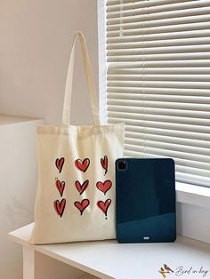 BirdinBag - Canvas Tote with Heart Print Design Inch Bag, Beige Pattern, Details Pictures, Bags Tote, Word Wrap, White Space, Shoulder Tote Bag, Design Product, Shoulder Tote