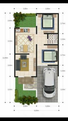 the floor plan for a house with two cars parked in front and one car parked on the