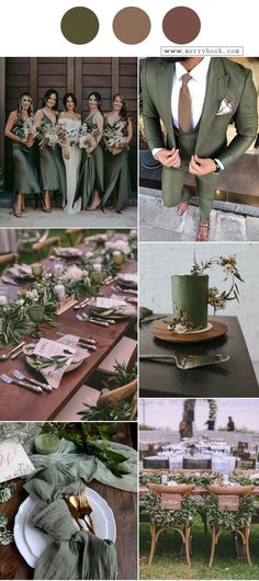 a collage of photos with different green and brown wedding color palettes on them