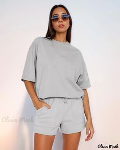 OliviaMark - Fashionable Urban Casual Solid Color Short Sleeve Round Neck Pullover Top and Shorts Set Casual Short Sets With Pockets, Solid Color Short Top For Summer, Casual Gray Summer Set, Summer Solid Color Short Top, Short Solid Color Summer Tops, Short Length Tops With Pockets For Loungewear, Summer Loungewear Tops With Pockets, Summer Tops With Pockets For Loungewear, Summer Lounge Tops With Pockets