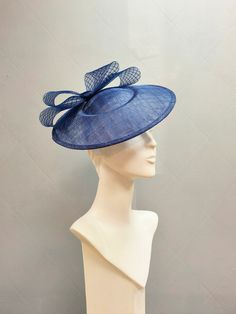 A  hand decorated sinamay large saucer/plate hat in navy blue, made by our in house milliners Adrienne Henry Millinery, in our workshop studio in Reading, UK. This saucer hat is made from sinamay and is decorated with a statement navy crinoline double bow with diamond detail. Total hat diameter is approx 33 cm. This hat is to be worn on the right side of the head and is secured with a navy satin covered head band, to fit most head sizes. These headbands are comfortable for all day wear. Please v Wedding Guest Hats, Hat For Wedding, Saucer Hat, Reading Uk, Wedding Hats For Guests, Special Occasion Hats, Workshop Studio, Church Hat, Different Hats