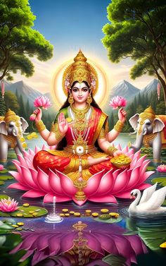 the hindu god sitting on top of a pink lotus in front of some water lilies